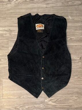 Vintage Paragraff Leather Suede Vest Mens M Black Western Biker Concho Button